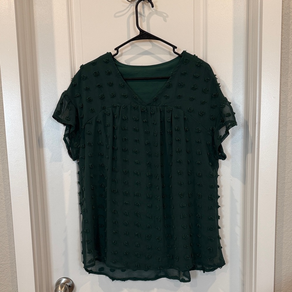 SHEIN Dark Green Textured V-Neck Blouse